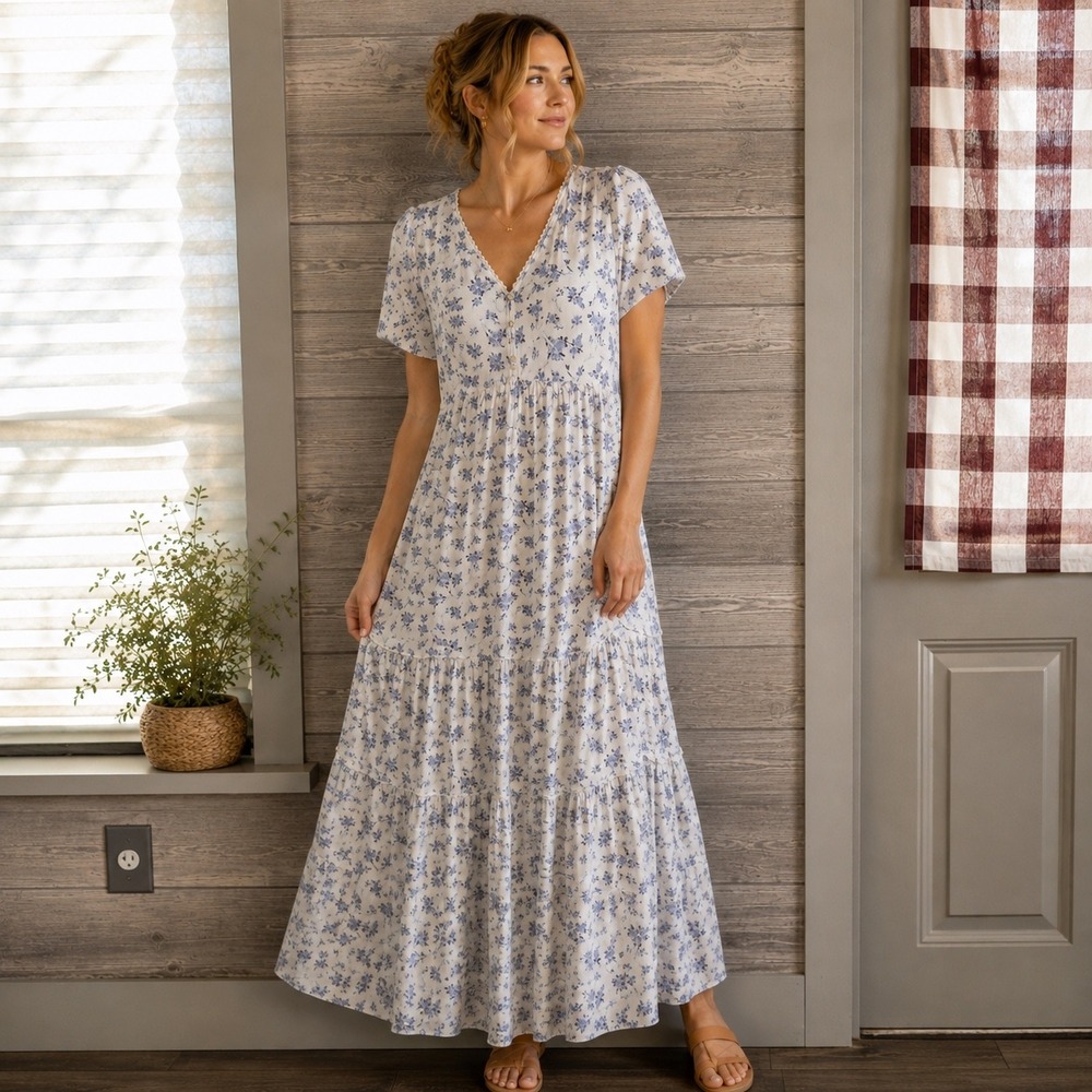 Eyeshadow Blue Floral Maxi Dress Large Cottagecore Tiered Lace Trim Button Front